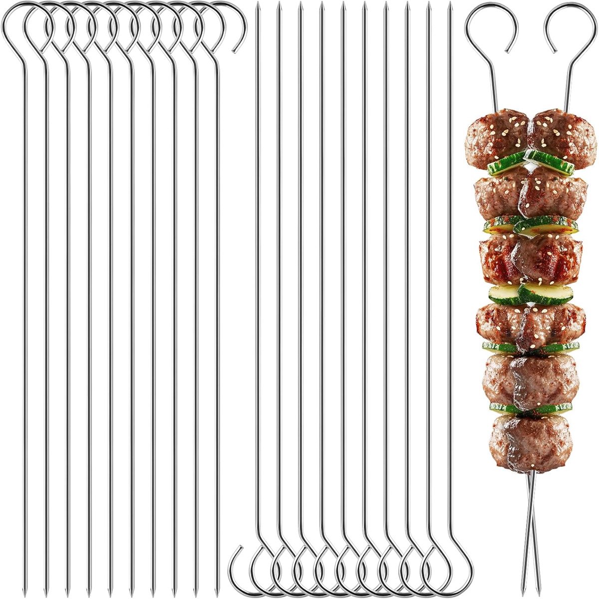 carmdering - BBQ Spiezen RVS 25 cm – Set van 12 – Herbruikbare Barbecue Spiezen – Platte Grillspiezen voor Vlees, Groenten en Vis