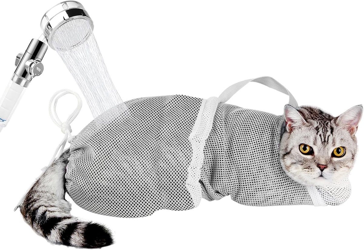 Verstelbare kattenverzorgingstas met ritssluiting, ademend net en anti-bijt functie voor huisdieren, ideaal voor baden en dierenartsbezoek
