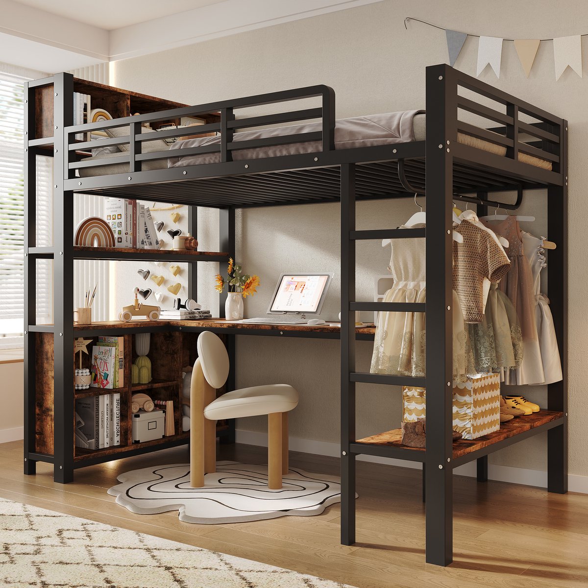 Kinderbed, Hoogbed, 90 x 200 cm, tafel, kledingrek, rekken, opbergkasten, zonder matras, zwart