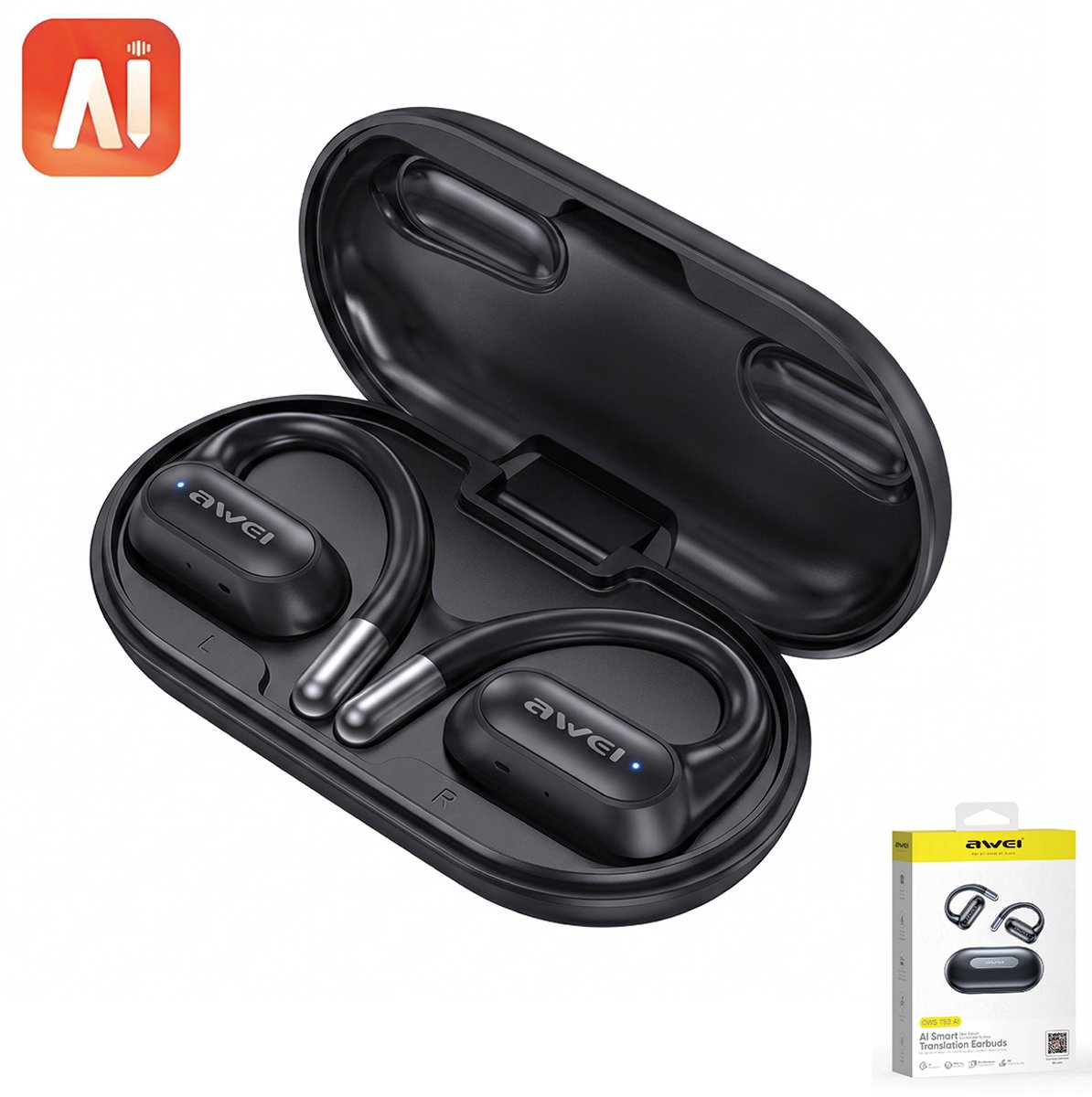 AWEI T93 - Sport Oordopjes - Open-Ear Oorclips - Draadloos Bluetooth Clip On Design - AI-vertaalfunctie - ENC Ruisonderdrukking - IPX6 - 40 Uur Batterijduur - voor Hardlopen - Zwart