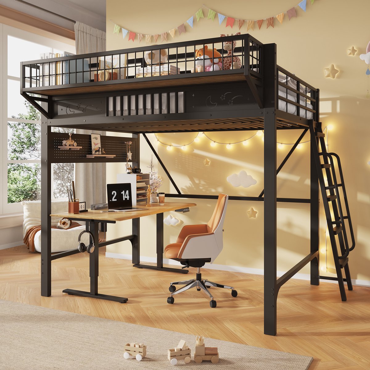 Kinderbed, Hoogbed, 140 x 200 cm, metalen bedframe, opbergkasten, open onderste verdieping, zonder matras, zwart