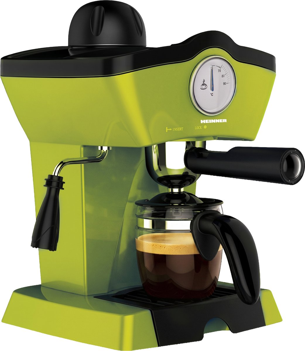 Heinner Retro Effect Espressomachine – 800W – 250 ml Capaciteit – 3,5 bar – Espresso & Cappuccino – Melkopschuimer – Frontale Thermometer – Filter voor 4 Kopjes – Groen