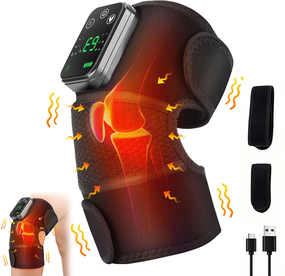 Kniebrace - Verwarmde massagebrace - Gewrichtsmassager - Elleboogsteun - Intelligente temperatuurregeling - Type-C oplaadkabel - 3 temperatuurinstellingen - 4000mAh batterij - Geschikt voor artrose en reuma - Zwart