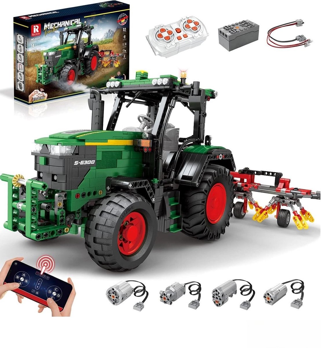 Reobrix 22015 Tractor RC auto bouwset | Technisch constructie modelbouw | Classic creator speelgoed bouwpakketten voor kinderen & volwassenen | Accu niet geschikt voor Lego technic | Bouwdoos met 1664 bloks