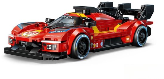 Voiture de course LEGO Ferrari 499P rouge avec accents jaunes, ailerons et le numéro 51.