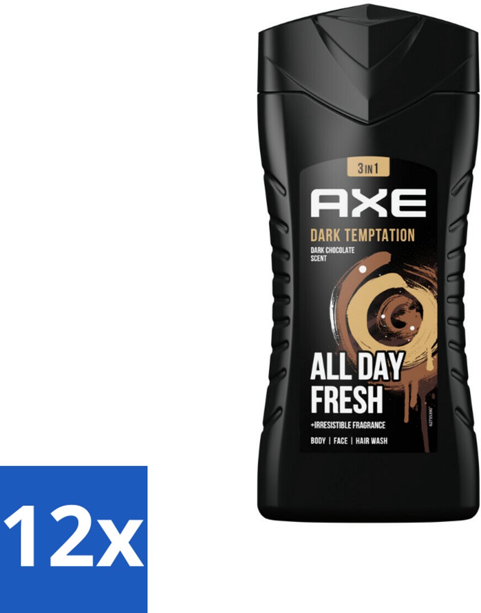 Axe - 3-in-1 Douchegel - Dark Temptation - Dark Chocolate - 12hrs Long Lasting Scent - 250 ml - Voordeelverpakking - 12 stuks