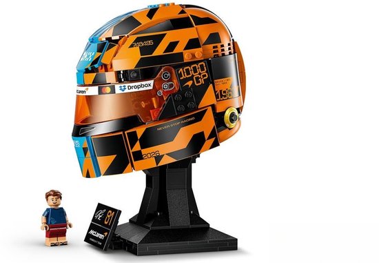 LEGO McLaren helm, oranje/zwart en blauw, met '1000 GP' en 'Dropbox' logo's. Inclusief miniatuurfiguur.