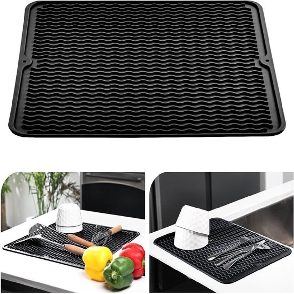 Afvoermat - Siliconen - Hittebestendig - antislip - Afwasmat - droogmat voor in de keuken - zwart - 30x40cm - 1 stuk