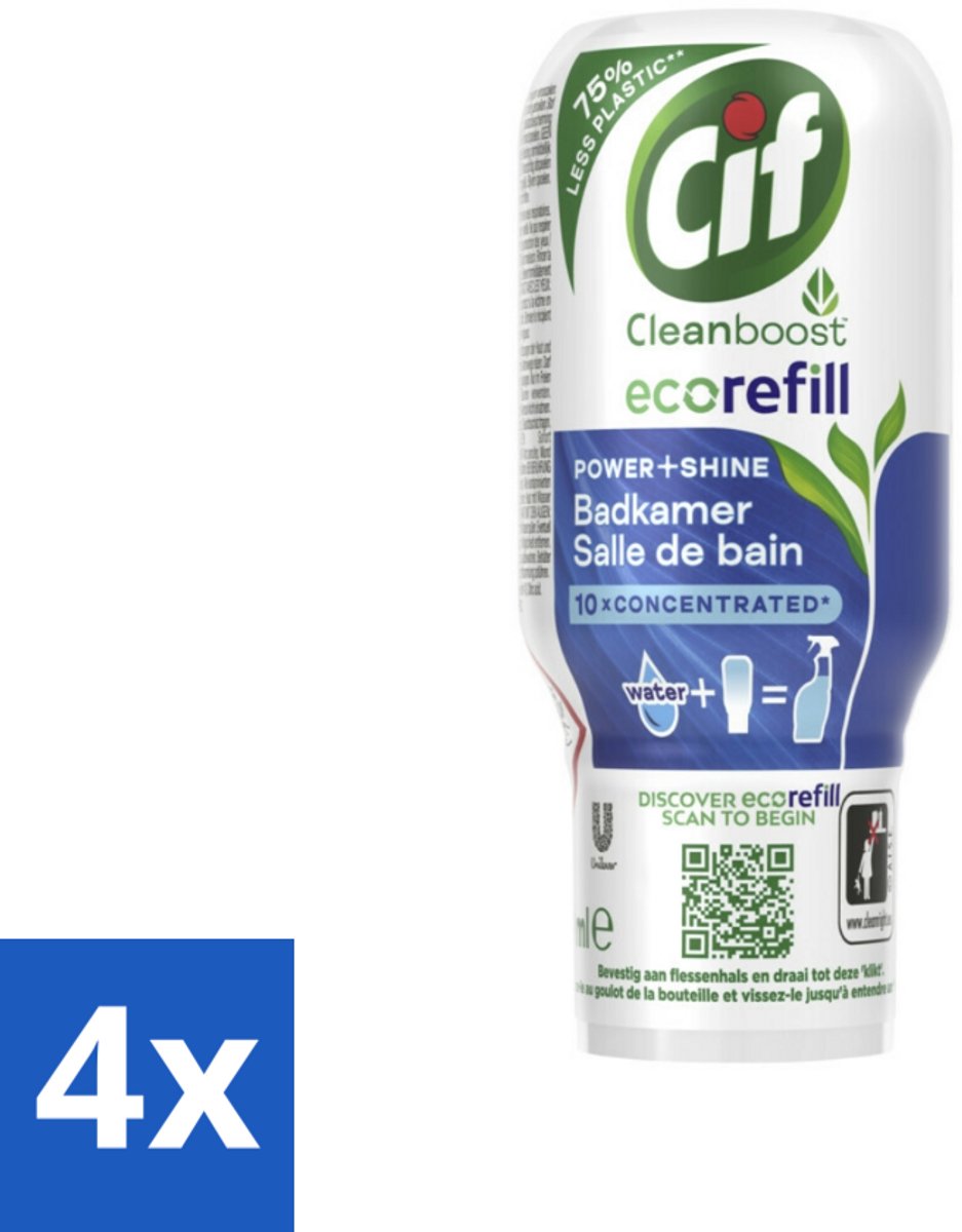 4 x Cif Eco Refill - Power & Shine - Badkamerreiniger - Spray - 70 ml - Badkamerreiniger - Ecologische Reiniging - Herbruikbare Verpakking - Plasticvrije Badkamer - Milieuvriendelijk