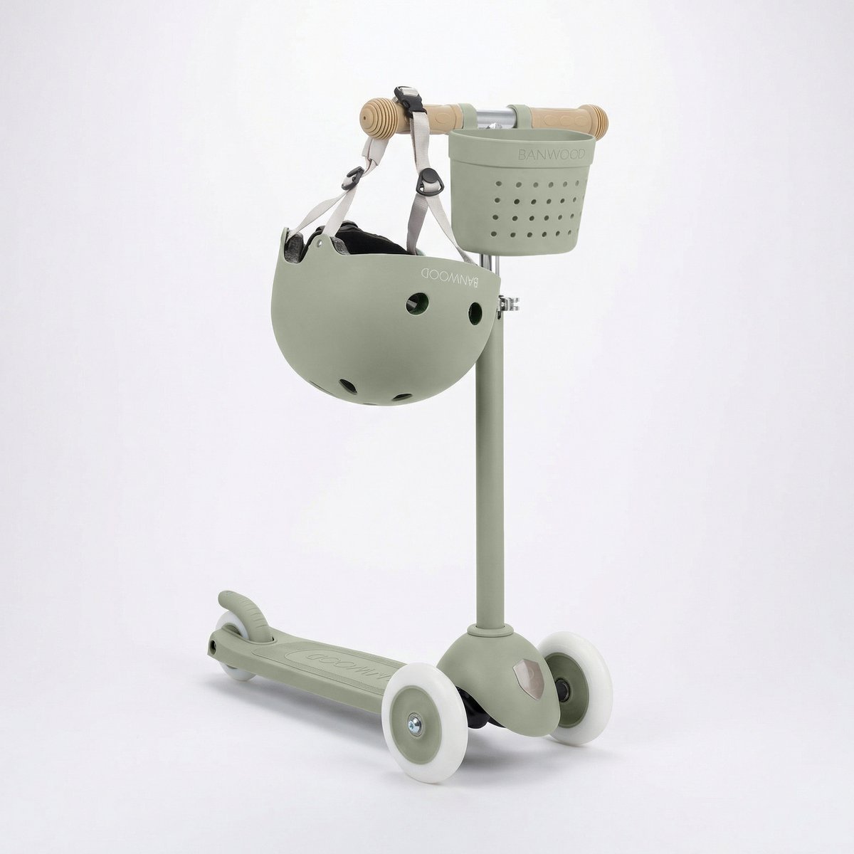 Banwood Eco Scooter + Basket + Eco Fietshelm - Olive - kinderstep - kinder helm - voordeelset