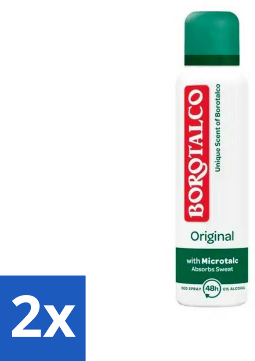 2 x Borotalco - Deodorant Spray - Original - Active Crystal Talc - 0% Alcohol - 150 ml - Borotalco Deodorant - Deodorant Spray - Antitranspirant - Anti-geur - Talkpoeder