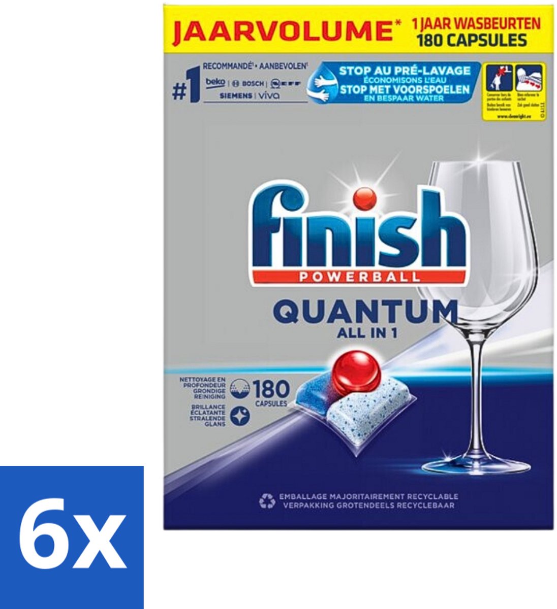 6 x Finish Powerball - Quantum All in 1 - Vaatwastabletten - 180 Tabletten - Vaatwascapsules - Diepe Reiniging - Glans - Vaatwasser - Finish Quantum