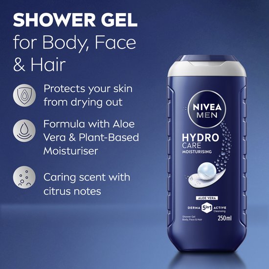 Nivea Men Hydro Care douchegel 250ml fles, naast tekst over "Shower Gel for Body, Face & Hair".