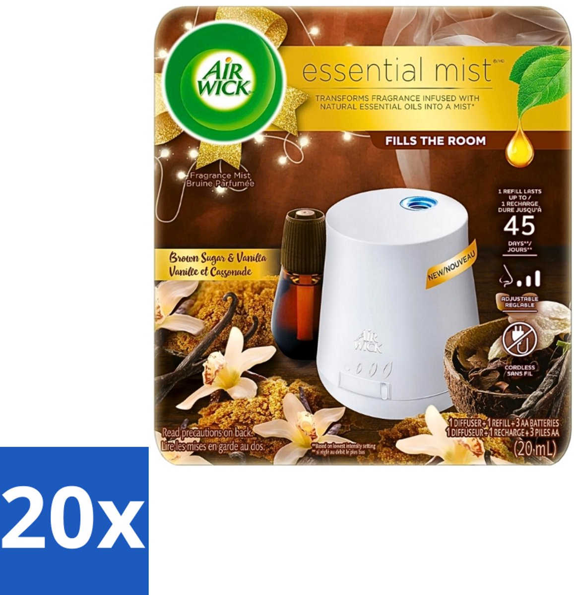 Air Wick Essential Mist - Elektrische Geurverspreider - Starterkit - Vanille & Bruine Suiker - 20ml - Bulkverpakking - 20 stuks