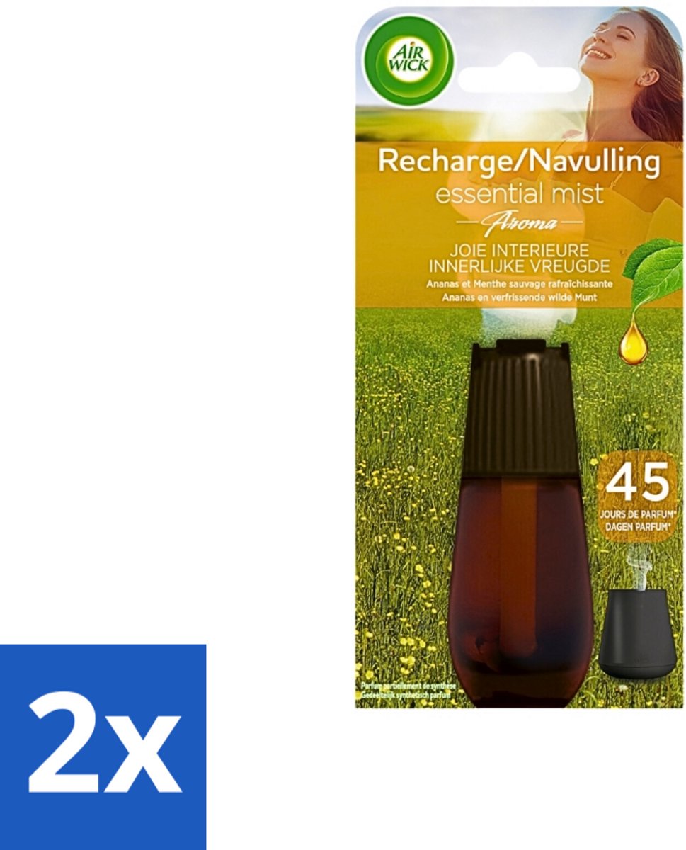 2 x Air Wick Essential Mist - Navulling - Happiness - Ananas & Wilde Munt - 20ml - Air Wick - Geurverspreider - Essentiële Oliën - Ananas - Munt