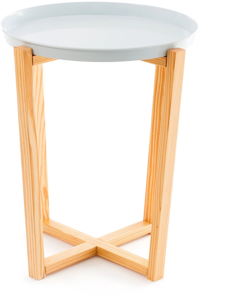 Padiro ronde bijzettafel Ø 48 x 60 cm - wit - met afneembaar dienblad - metalen tafelblad - houten onderstel
