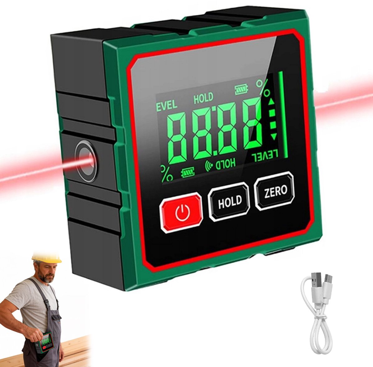 Digitale hoekmeter - Zeer nauwkeurig meetinstrument - Hoekwaterpas - Met laser - 360° magnetische waterpas - Geschikt voor houtbewerking, bouw en metselwerk - Verlicht - USB-kabel - Zwart
