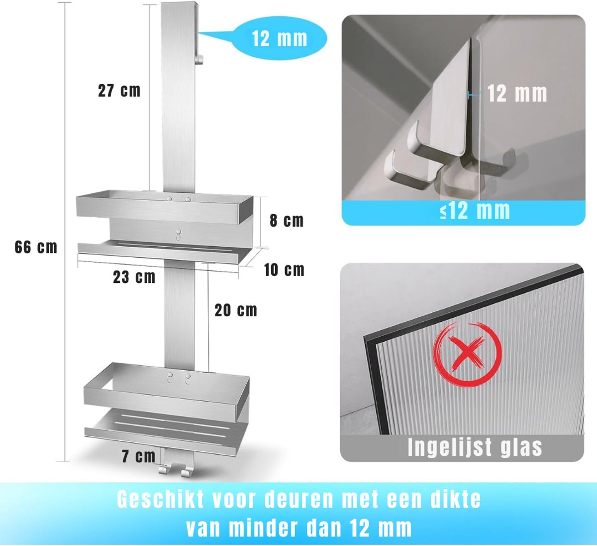 KIRA® Doucherek - 2 Planken - Telescopisch Badkamerrek - Telescopisch Doucherekje - Zilver - 66cm x 23cm x 10cm