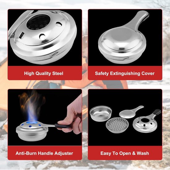 Mini-alcoholbrander - 2 stuks - Fonduebranders - Alcoholkoker - met anti-verbrandingshandgreep en veiligheidsdeksel - Roestvrijstalen alcoholkachel - Ideaal voor buffetten en cateringevenementen van Merkloos — afbeelding 2