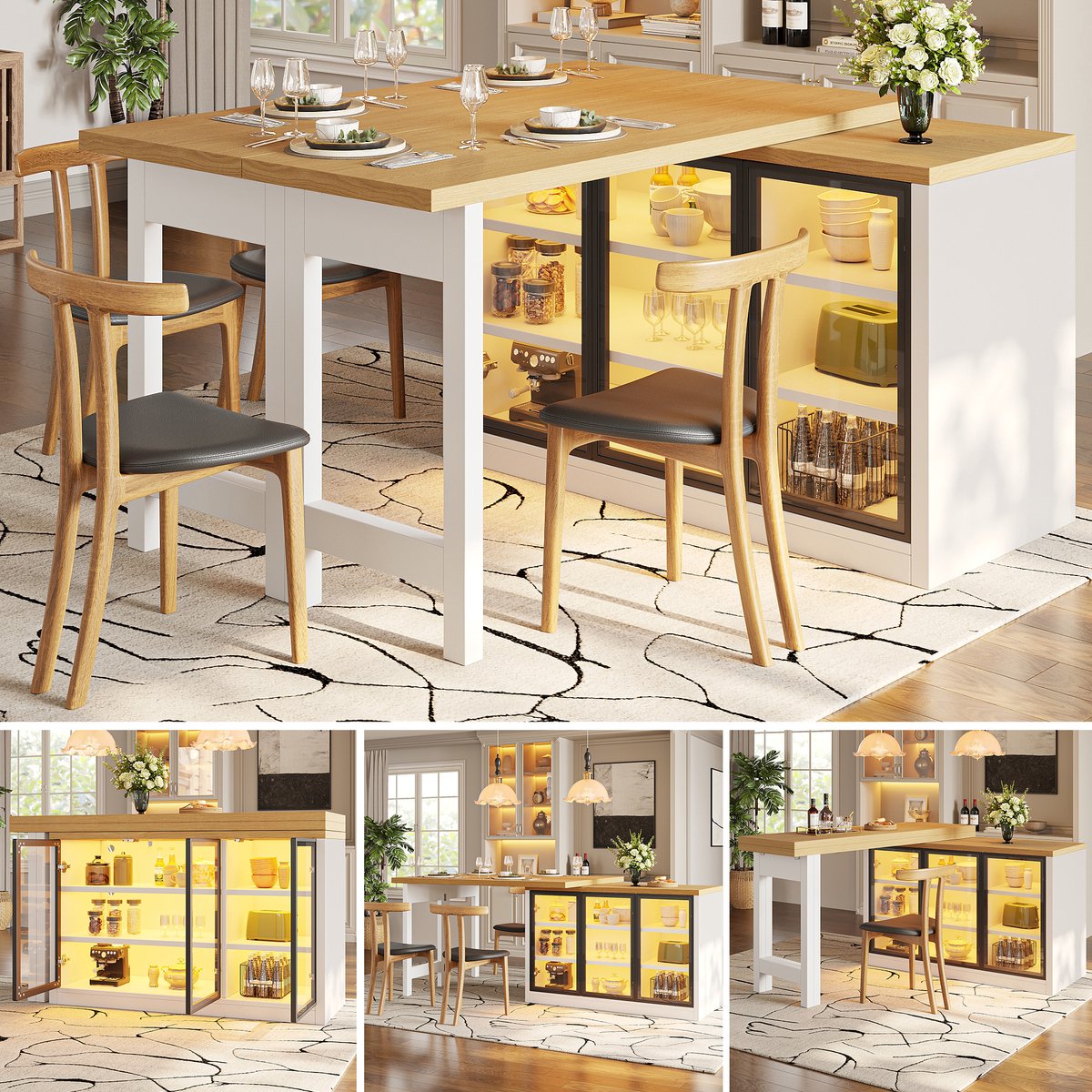 Clruro Keukeneiland - 120-197 x 40 x 72 cm - 360° Draaibaar - App-LED en Glazen Deuren - MDF - Wit