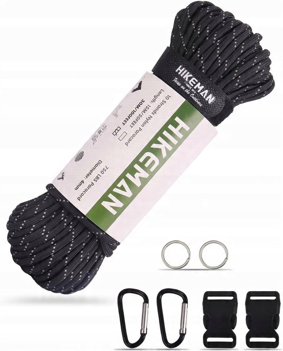 Merkloze Paracord 30m Zwart - 10-draads Survival Touw