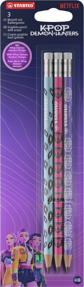 STABILO x KPop Demon Hunters Potloden - HB Grafietpotlood Met Gum - Blister Met 3 Stuks