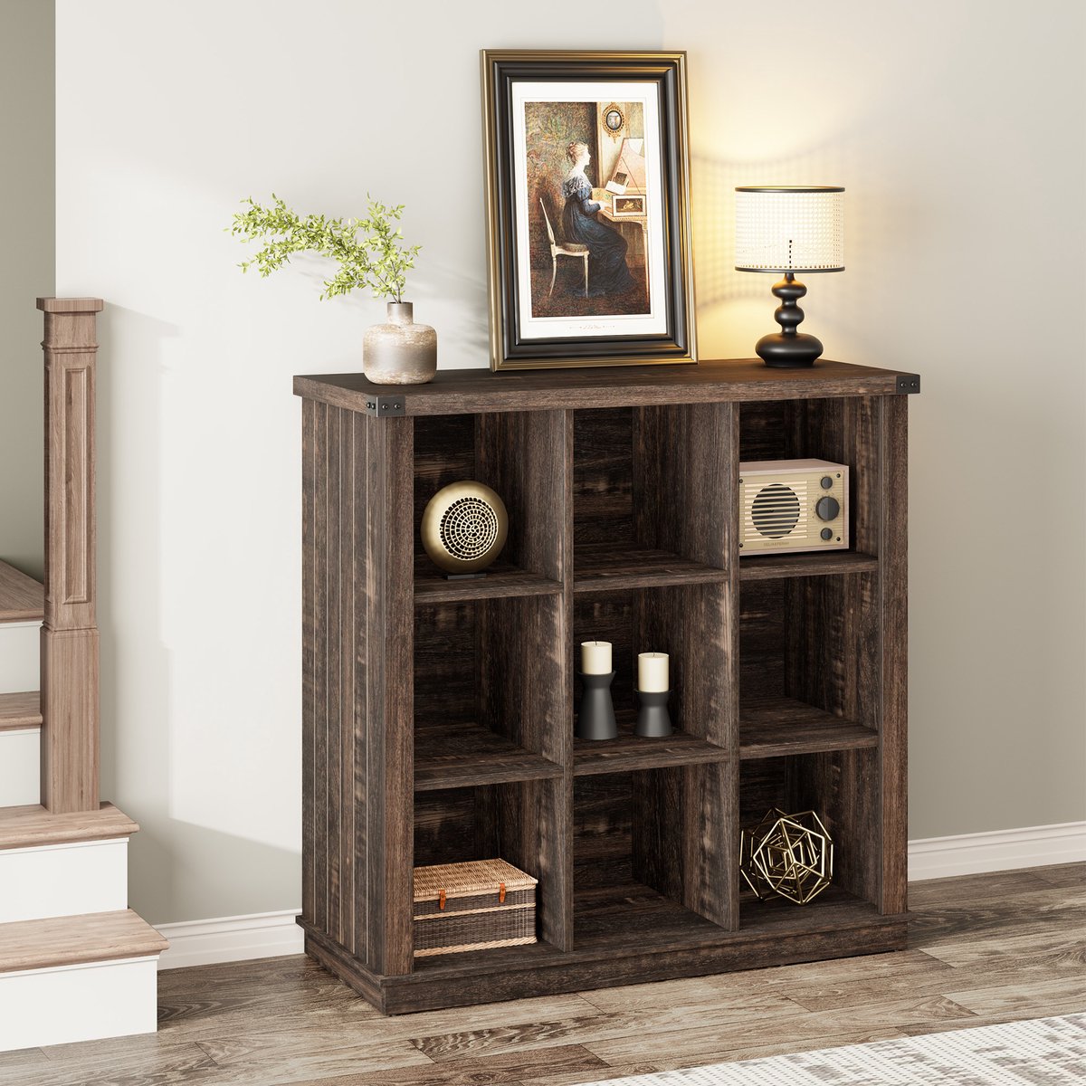 Vintage 9 Kubus Boekenkast - 95x35x95cm - Opbergkast - Minimalistische 3 Lagen Displaykast - Voor Woonkamer Slaapkamer Kantoor - Zwart
