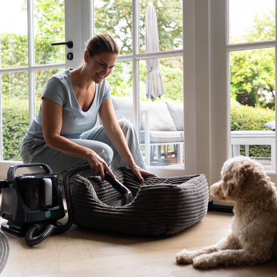 Vrouw reinigt grijze mand met ribbed stof met een grijze Achaté reinigingsmachine. Een hond kijkt toe.