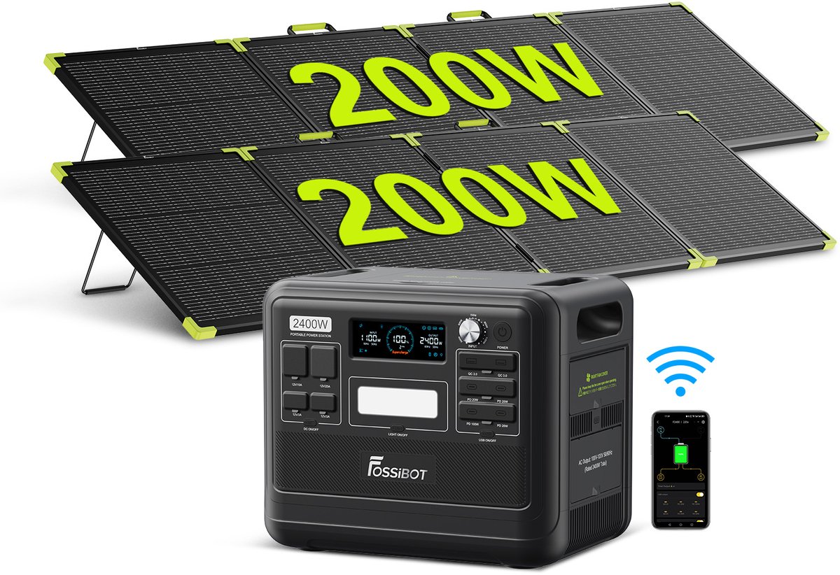 FOSSiBOT F2400 Zwart Draagbare Powerstation 2048Wh 2400W continu 4800W piek LiFePO4, incl. 2x SP200PRO zonnepanelen | Snelladen UPS <10ms Noodstroom Camper Kamperen
