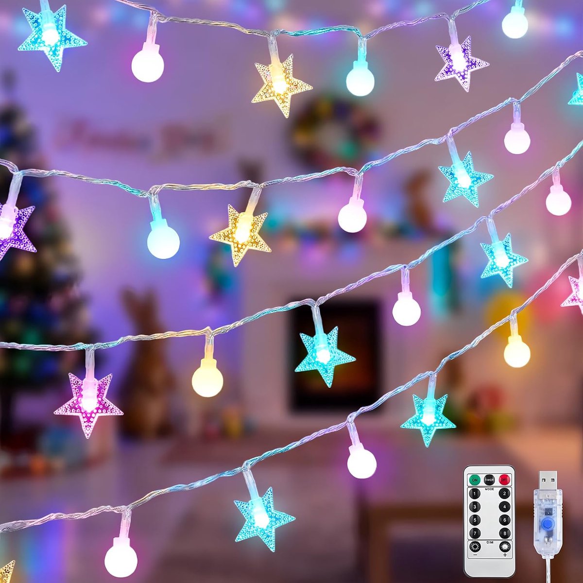 10m string lamp-feest lamp-USB-stekker voor voeding atmosfeer lamp-LED buiten waterdichte string lamp-Kerstverlichting-met afstandsbediening-8 patronen voor binnenshuis, tuin, terras, camping, kerst decoratie-sterren + kristallen bal stijl
