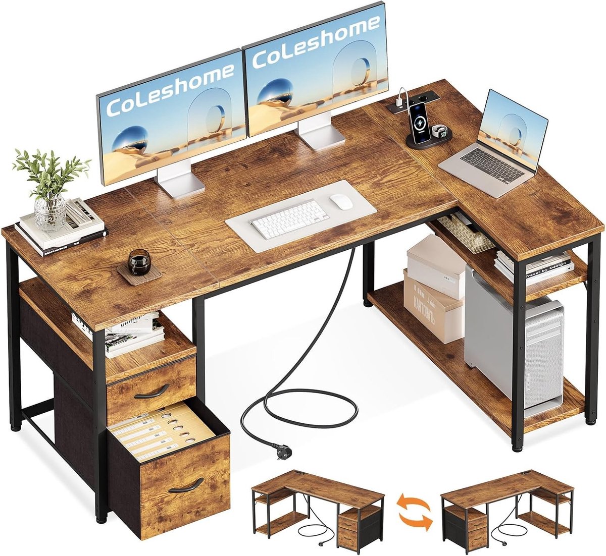 Bureau met lade en kastje - Bruin - 140 x 80 cm - L-vormig - Voor Thuiswerkers