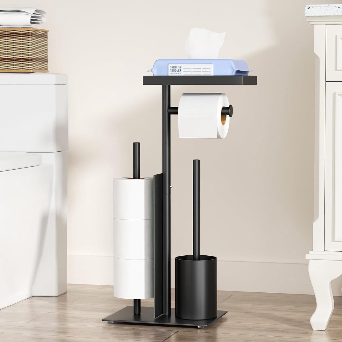 Toiletrolhouder met Bakje - Zwart - Staand - Inclusief Glazen Plank - Voor Badkamer