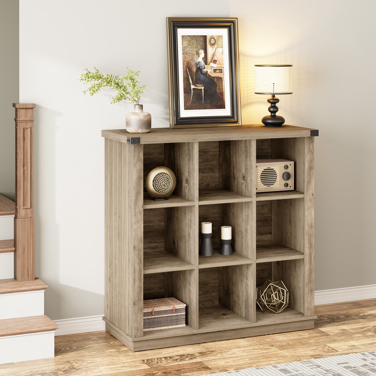 Vintage 9 Kubus Boekenkast - 95x35x95cm - Opbergkast - Minimalistische 3 Lagen Displaykast - Voor Woonkamer Slaapkamer Kantoor - Grijs