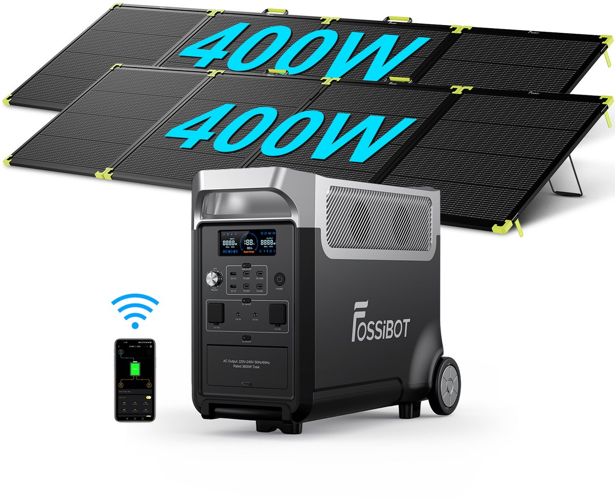 FOSSiBOT F3600 Pro Draagbare Powerstation 3840Wh 3600W LiFePO4, incl. 2x SP400PRO zonnepanelen | Uitbreidbaar ECO-modus UPS <10ms Noodstroom Camper Camping