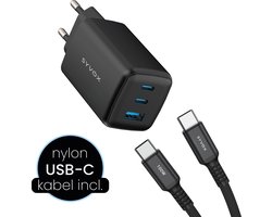 SYVOX Power 65W Snellader – USB-C Adapter met Kabel – 2x USB-C & 1x USB-A – Oplader voor Laptop, telefoon, tablet & meer – Zwart