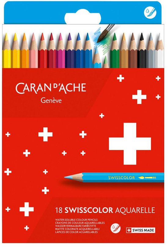 Verpakking Caran d'Ache Swisscolor Aquarel potloden met 18 kleuren, met Zwitsers kruis en teksten.