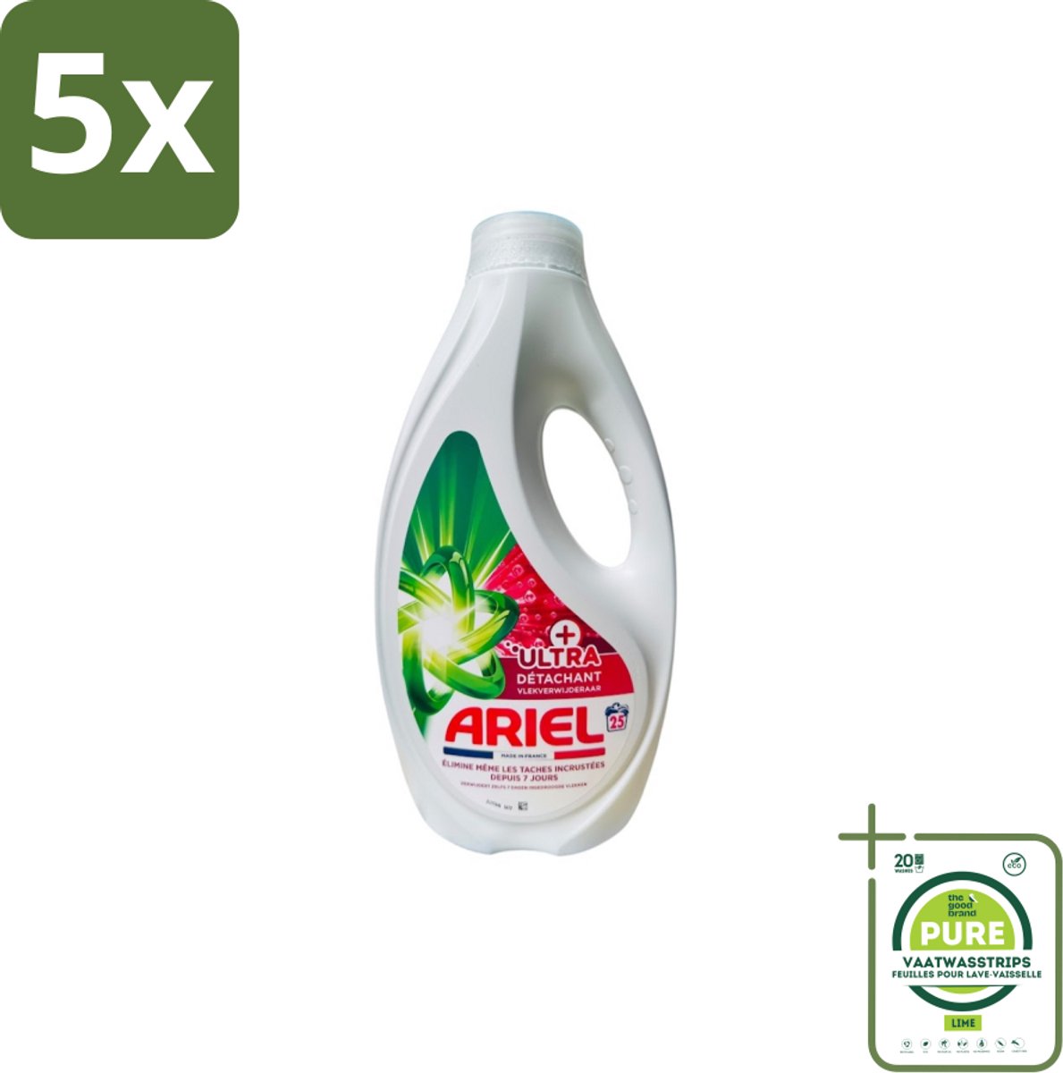 5 x Ariel – Vloeibaar Wasmiddel – Ultra Vlekverwijderaar – 1125 ml – 25 wasbeurten - Grootverpakking - Vlekverwijderaar - Wasmiddel - Vloeibaar Wasmiddel - Krachtige Vlekverwijdering - Ingedroogde Vlekken