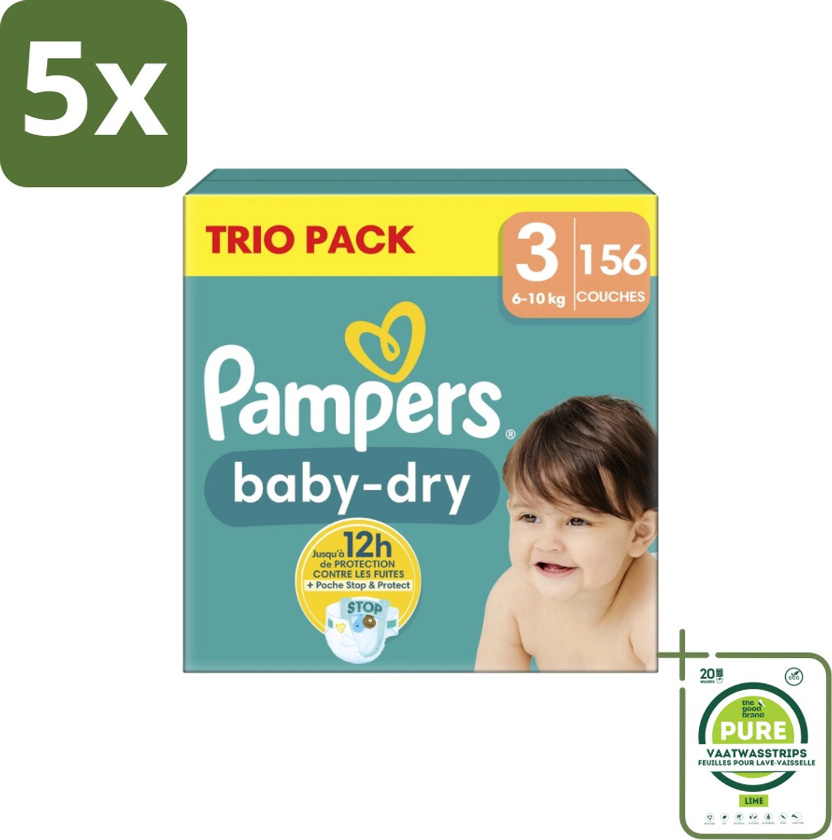 5 x Pampers – Luiers – Baby-Dry Trio Pack Maat 3 (6-10 kg) – 156 Luiers - Grootverpakking - Baby Luiers - Droge Luiers - Anti-lek Luiers - Baby Droogheid - Nachtluier