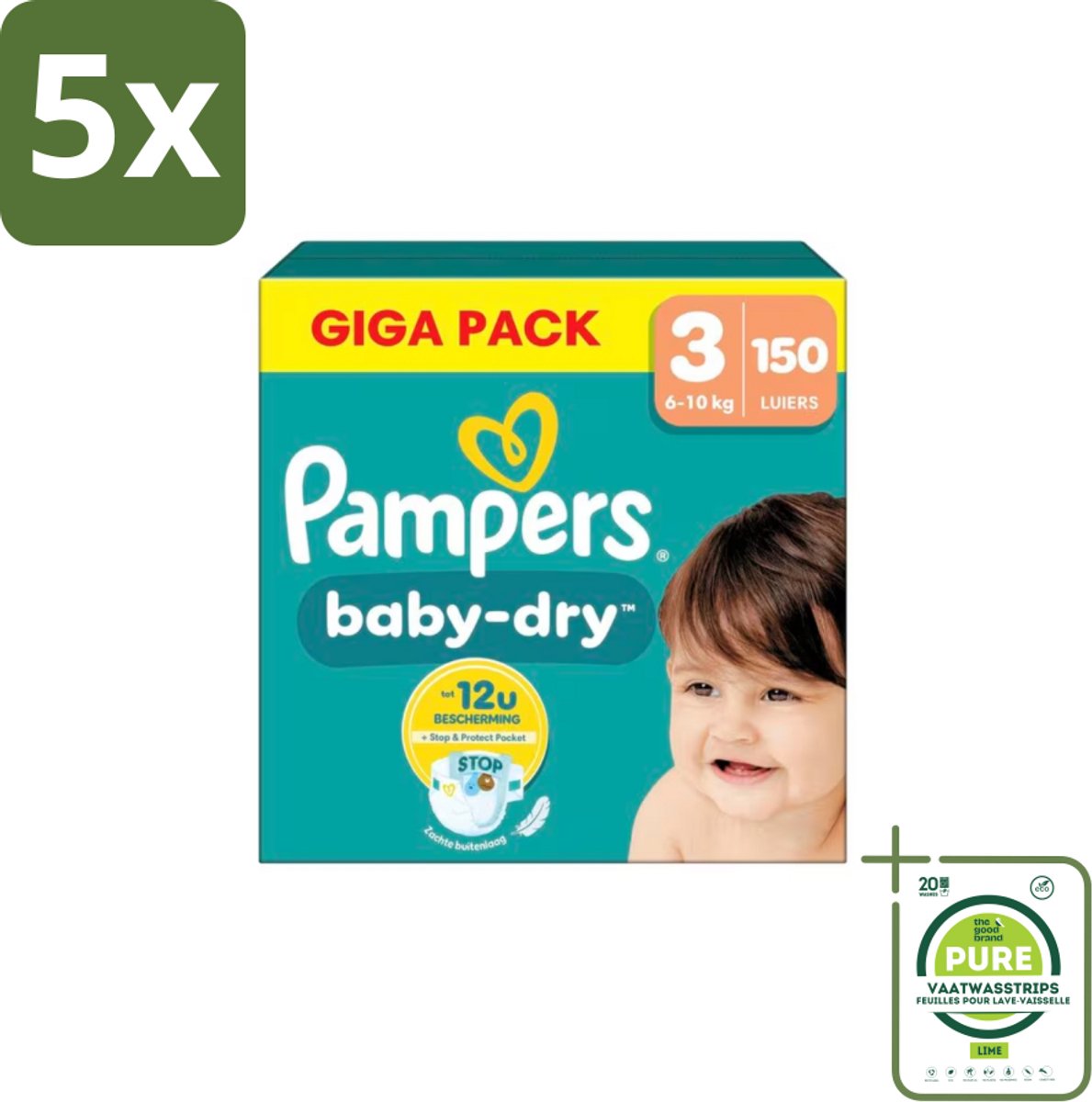 5 x Pampers – Luiers – Baby Dry Maat 3 – 150 Luiers - Grootverpakking - Baby-dry Luiers - Lekken Voorkomen - Droge Nachten - Comfortabele Luiers - Stop En Bescherm Pocket
