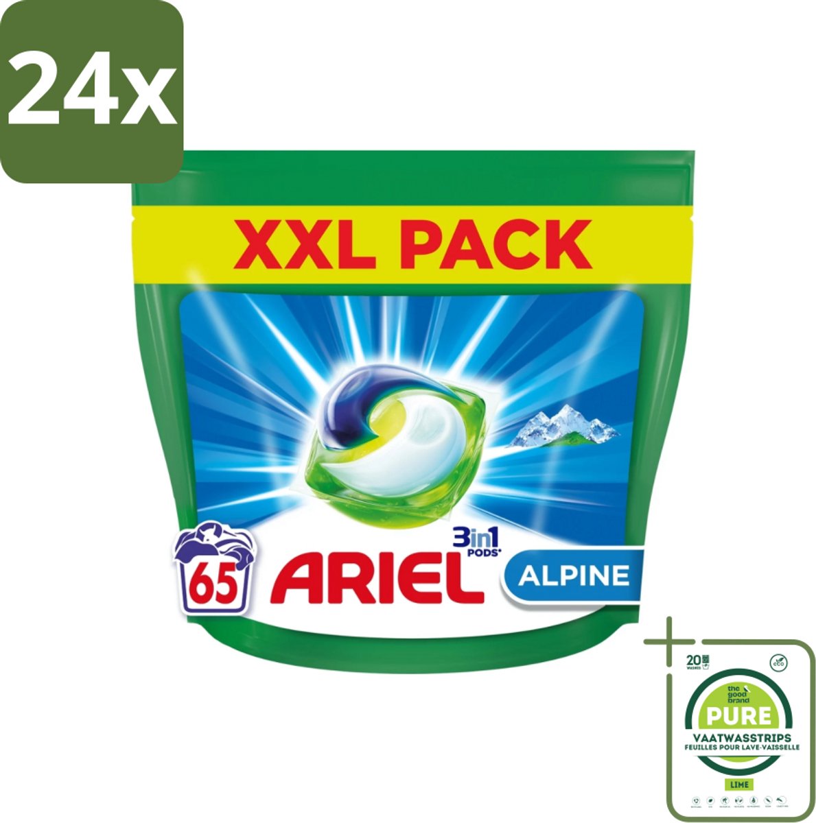 Ariel – Pods 3in1 – Alpine – 1319 g – 65 wasbeurten - Voordeelverpakking - 24 stuks - Ariel Pods 3in1 Alpine - Wasmiddel pods
