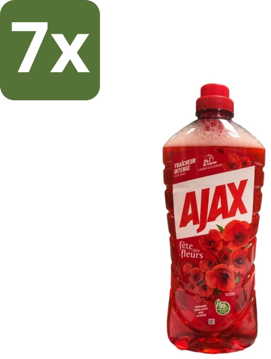 7 x Ajax – Allesreiniger – Rode Bloemen – 1,25 L - Allesreiniger Rode Bloemen - Reiniger 1.25 L - Bloemengeur Reiniger - Krachtige Reiniger - Huishoudelijke Reiniger