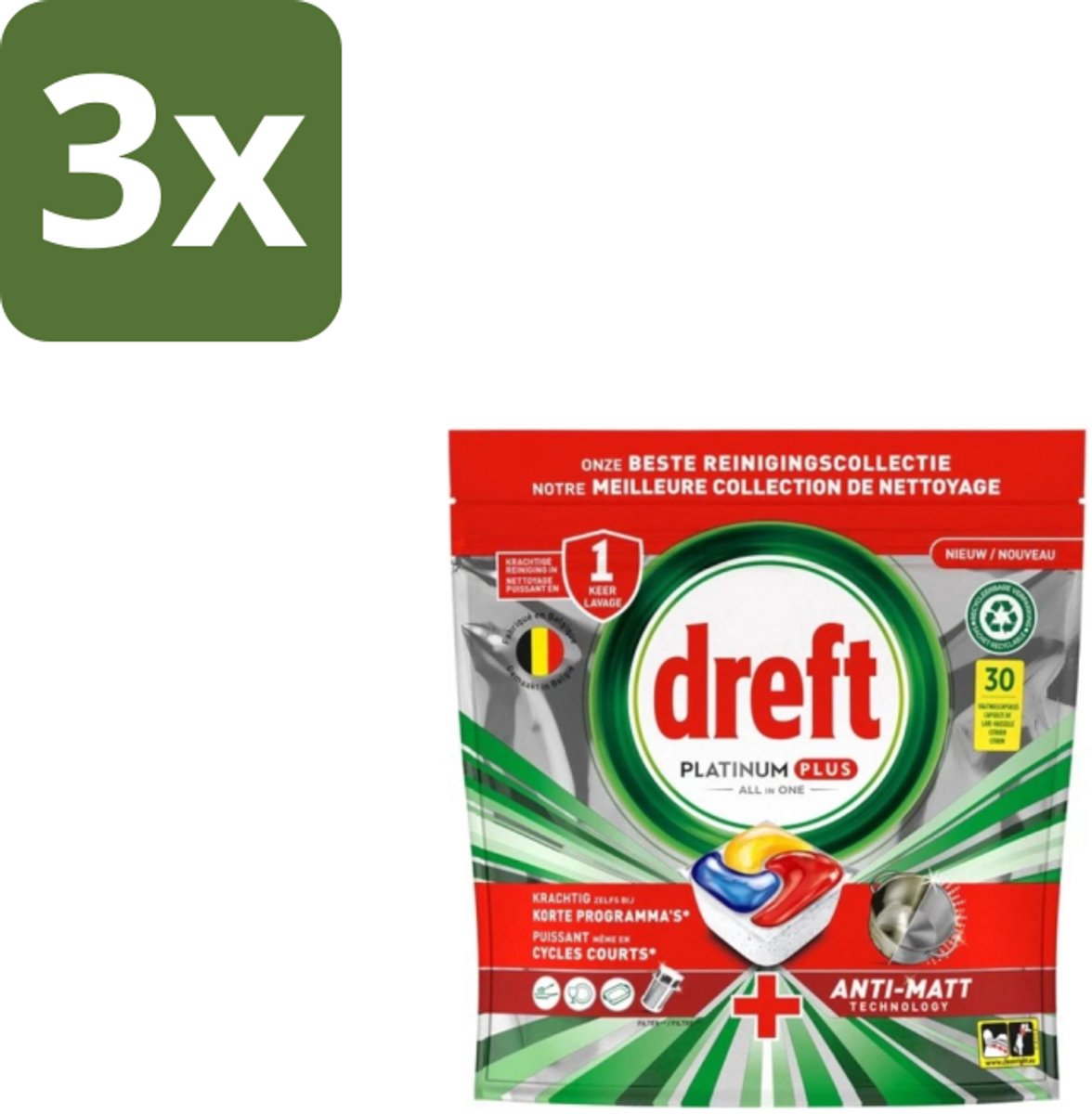 3 x Dreft – Vaatwastabletten – Platinum Plus All-in-One – Original – 30 Tabletten - Vaatwastabletten - Anti-dofheid - Glasbescherming - Machinezorg - Vaatwasser