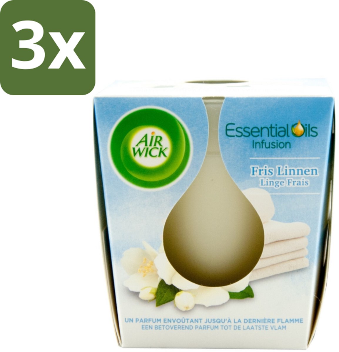 3 x Air Wick – Geurkaars – Fris Linnen met Essentiële Oliën – 105 g - Geurkaars - Fris Linnen - Essentiële Oliën - Sfeer In Huis - Warme Sfeer