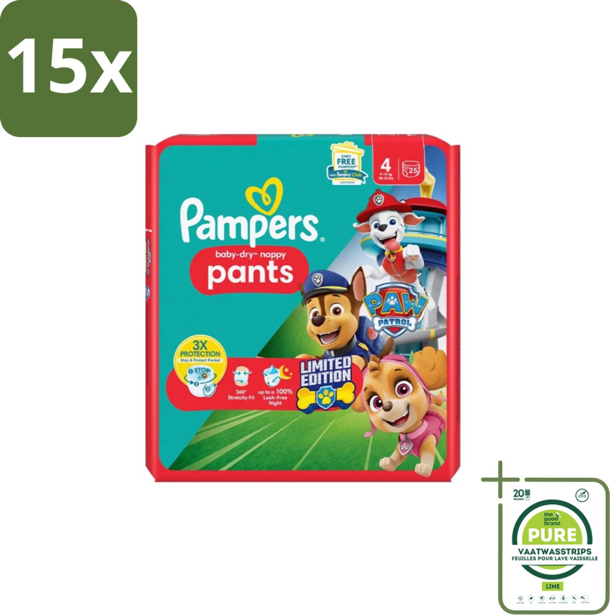 15 x Pampers – Luierbroekjes – Baby Dry Pants Paw Patrol Maat 4 – 25 Luiers - Grootverpakking - Baby Luier - Luierbroek - Droge Luier - Luier Voor Baby - Luier Broek