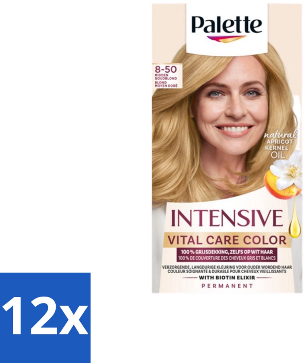 12 x Poly Palette – Haarverf – 8-50 Midden Goudblond – 115 ml - Haarkleur - Permanent Haarkleuren - Grijsdekking - Midden Goud - Ouder Wordend Haar
