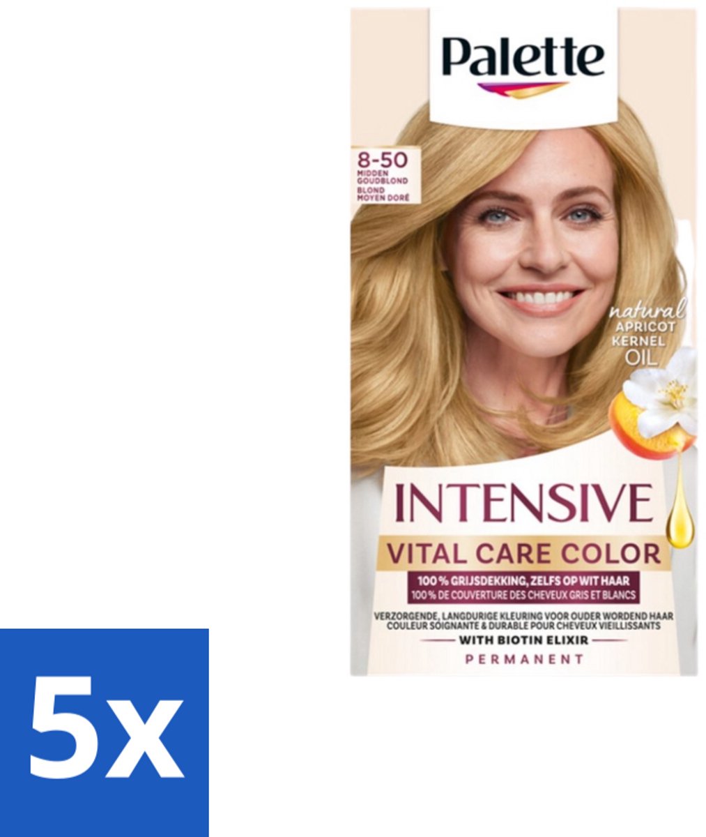 5 x Poly Palette – Haarverf – 8-50 Midden Goudblond – 115 ml - Haarkleur - Permanent Haarkleuren - Grijsdekking - Midden Goud - Ouder Wordend Haar