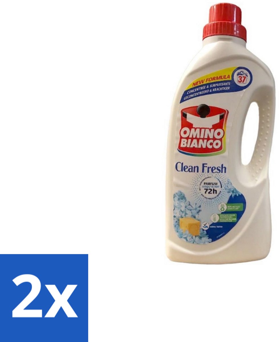 2 x Omino Bianco – Vloeibaar Wasmiddel – Clean Fresh – 1000 ml - Wasmiddel - Kleurbeschermer - Natuurlijke Zeep - Anti-kleurdoorloop - Geconcentreerd Wasmiddel
