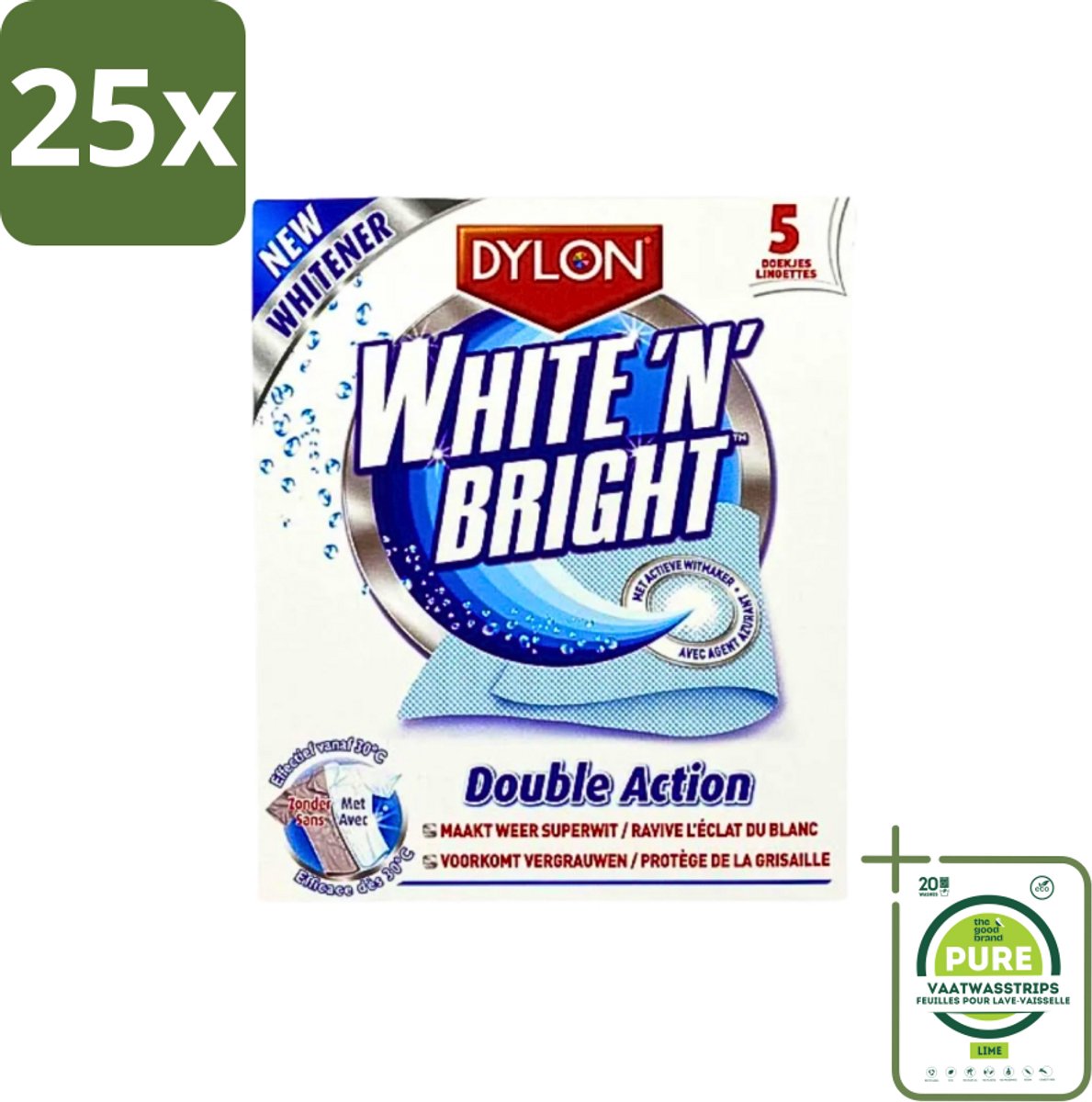 25 x Dylon - Vlekverwijderaar - White & Bright - Superwit & Vlekkeloos - 5 Doekjes - Grootverpakking - Vlekkenverwijderaar - Witwas - Superwit - Wasmiddel - Vlekken