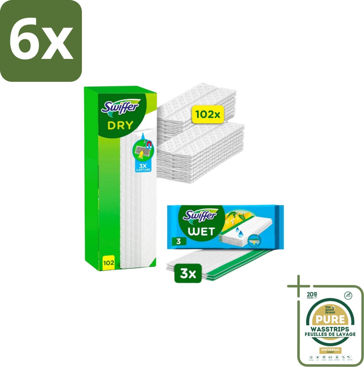 Swiffer – Vloerdoekjes – Dry Navullingen 102 + 3 Vochtige Doekjes - Voordeelverpakking - 6 stuks - Stofzuiger - Stof