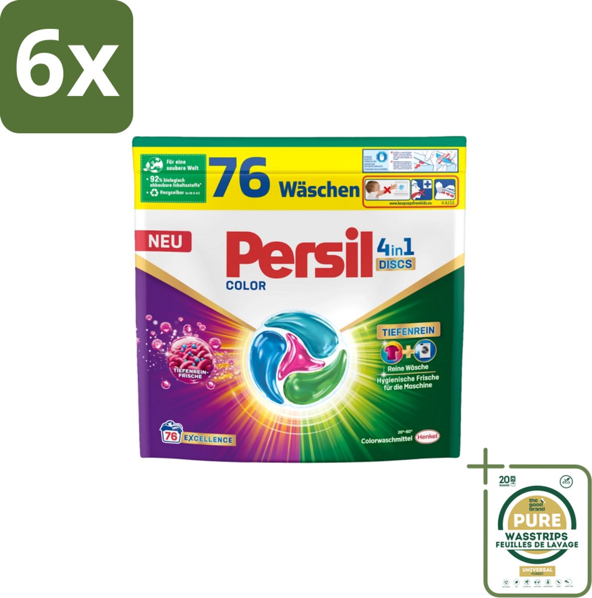 Persil – Wasmiddel Discs 4-in-1 – Color - 76 Capsules - Voordeelverpakking - 6 stuks - Vlekken verwijderen - Wasdiscs